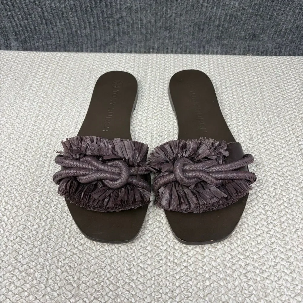 Tory Burch Rope Flat Slide Sandals Fudge Brown Leather Women’s 7.5 M
